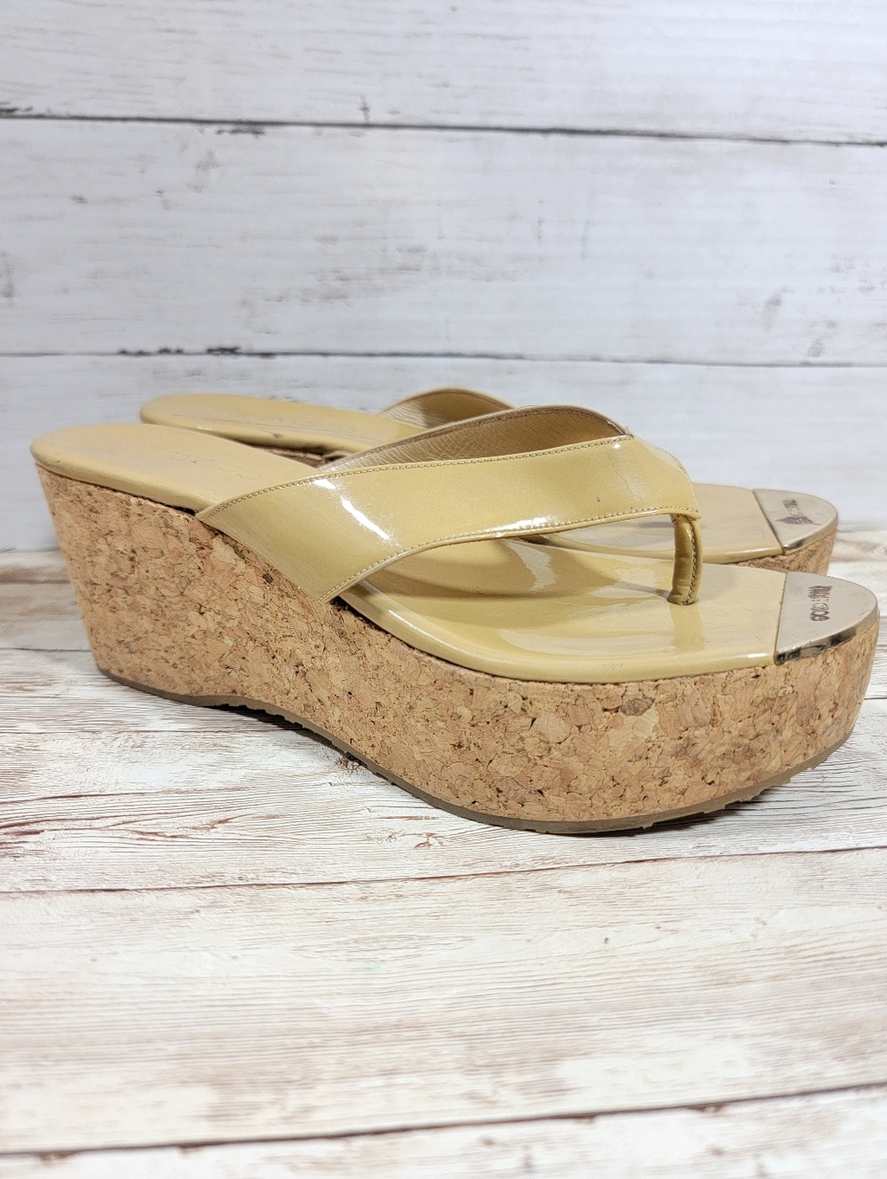 Jimmy Choo Pathos patent leather  thong slip-on cork wedge sandals woman EU 37.5
